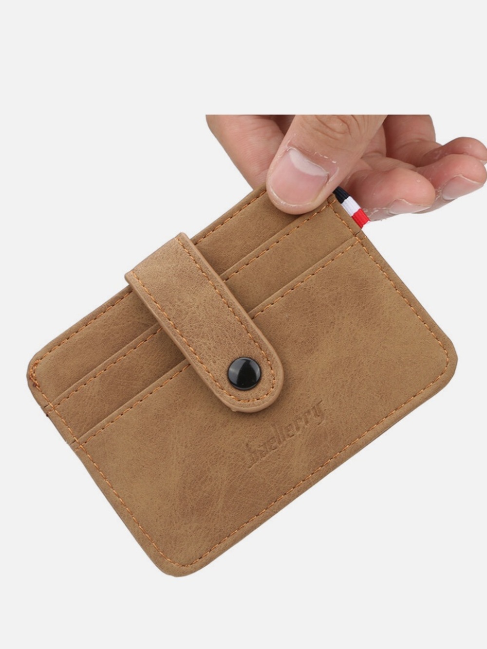 7A* Baellerry brand slim credit card holder wallet made of synthetic leather tan